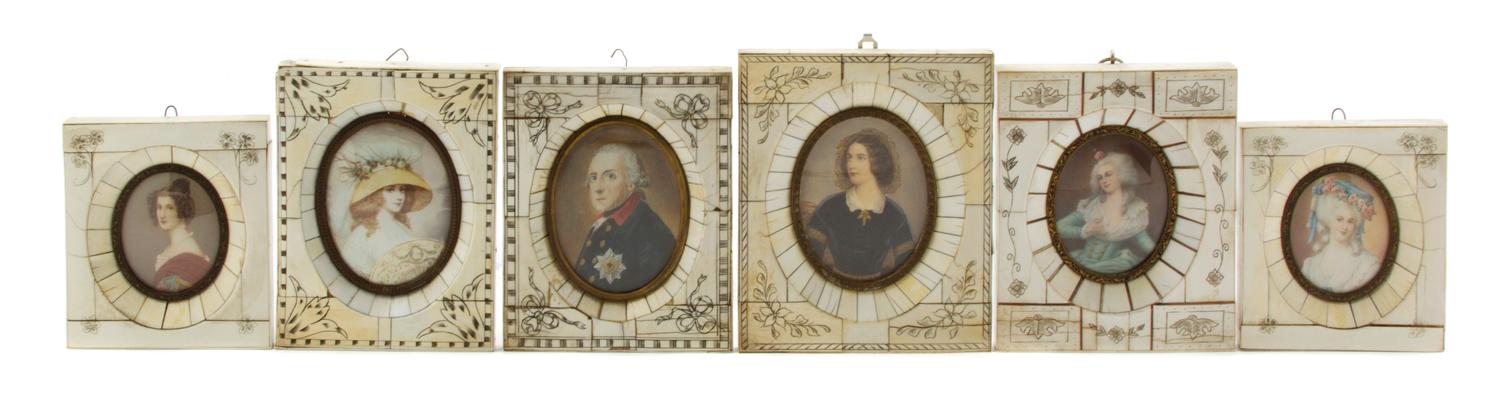 Six Continental Portrait Miniatures, Height of largest overall 5 1/2 x width 4 1/2 inches.