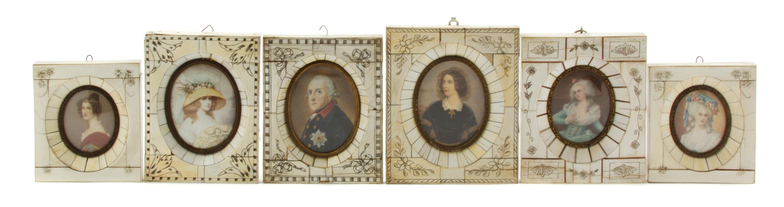 Six Continental Portrait Miniatures, Height of largest overall 5 1/2 x width 4 1/2 inches.