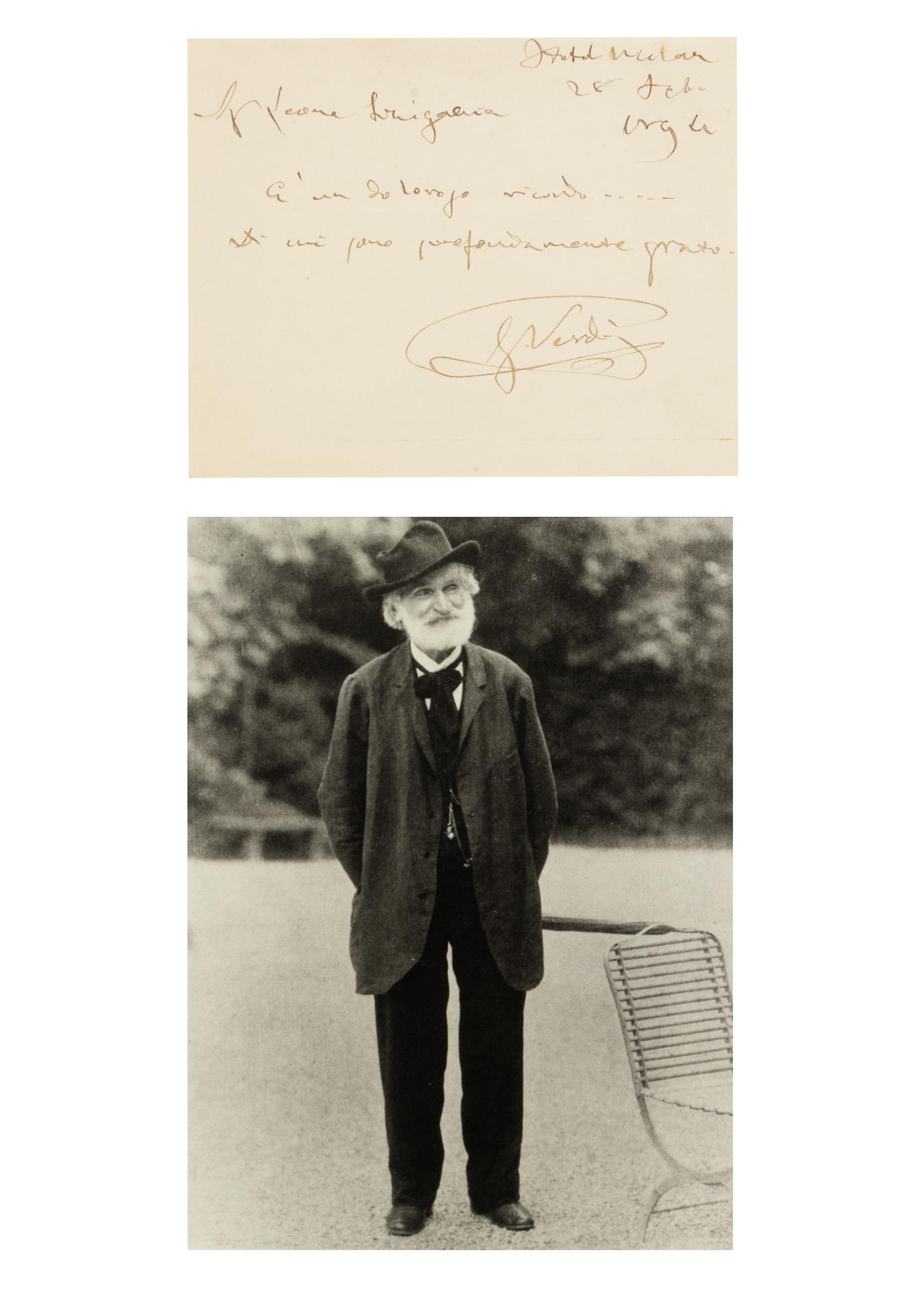 VERDI, Giuseppe (1813-1901). Autograph card signed (“G Verdi”) and additionally inscribed to Mr. Leone Sinigaglia, 28 February 1894, framed with black and white photograph, n.d.