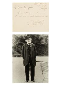 VERDI, Giuseppe (1813-1901). Autograph card signed (“G Verdi”) and additionally inscribed to Mr. Leone Sinigaglia, 28 February 1894, framed with black and white photograph, n.d.