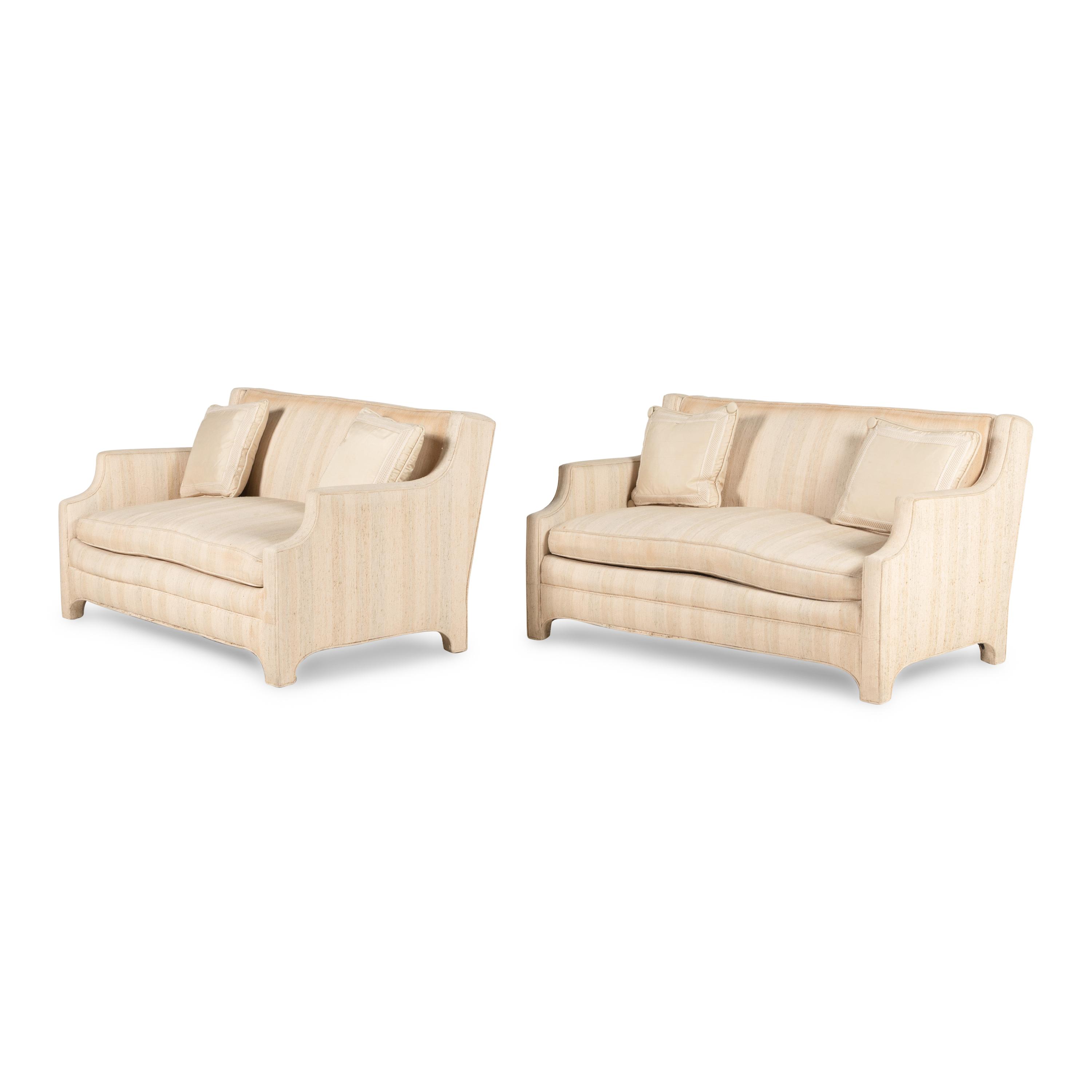 A Pair of Custom Cream Slub-Silk Upholstered Settees
