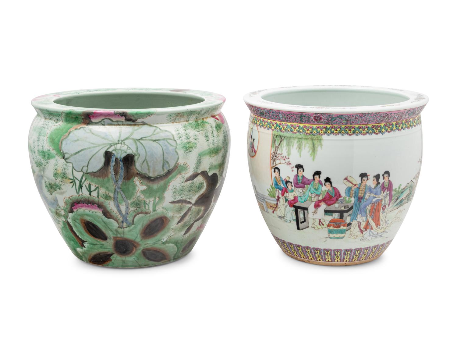 Two Chinese Famille Rose Porcelain Fish Bowls
