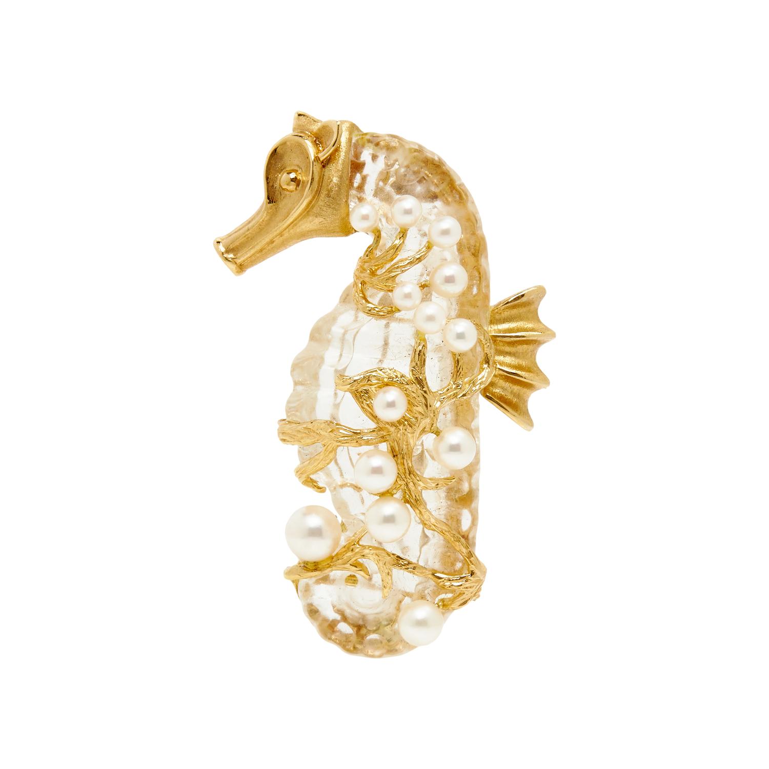 YELLOW GOLD, ROCK CRYSTAL AND CULTURED PEARL SEAHORSE BROOCH