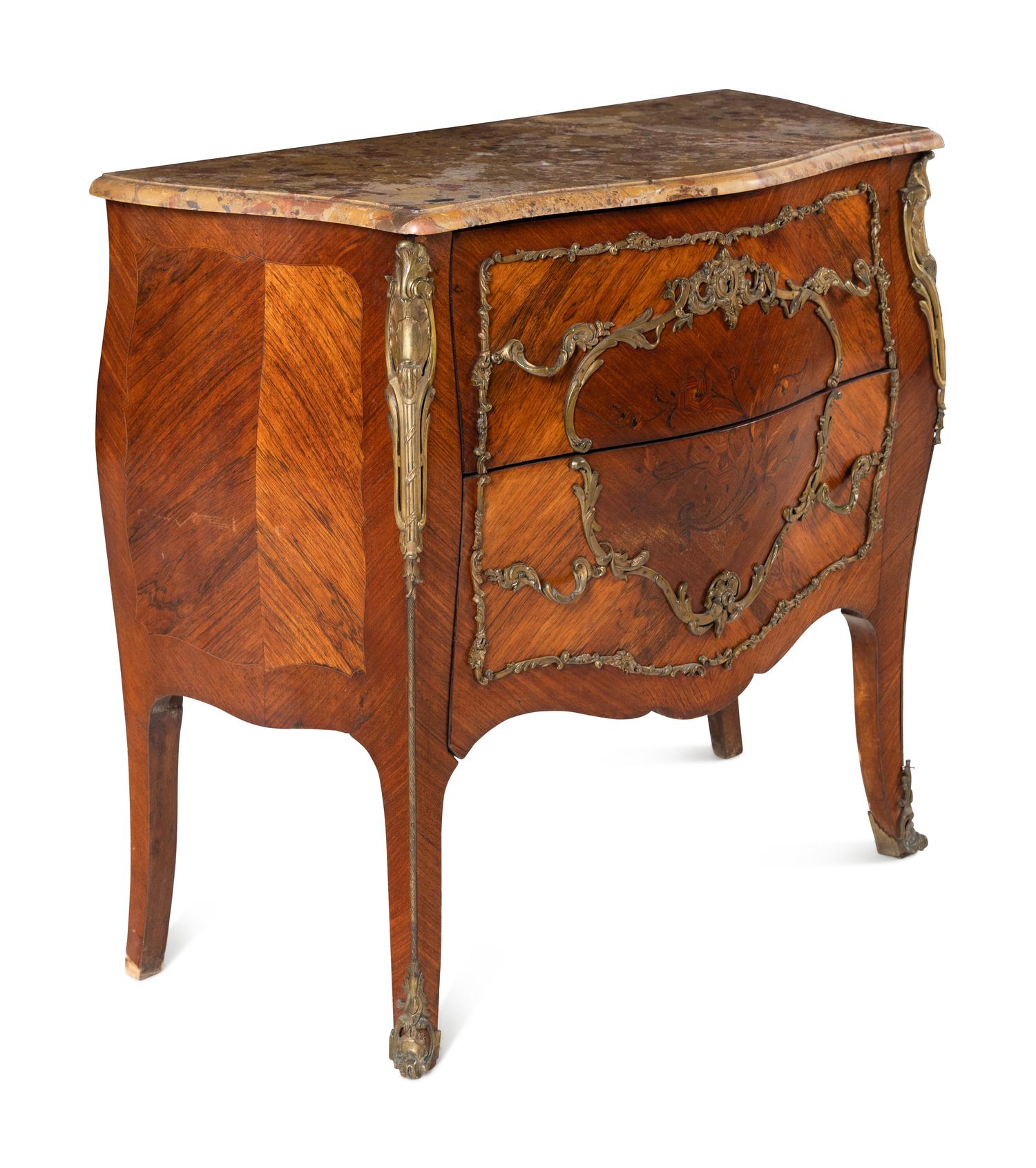 A Louis XV Style Gilt Bronze Mounted Marquetry Marble-Top Commode