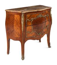 A Louis XV Style Gilt Bronze Mounted Marquetry Marble-Top Commode