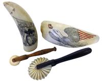 Two scrimshaw whale's teeth and three jagging wheels 19th and 20th century
