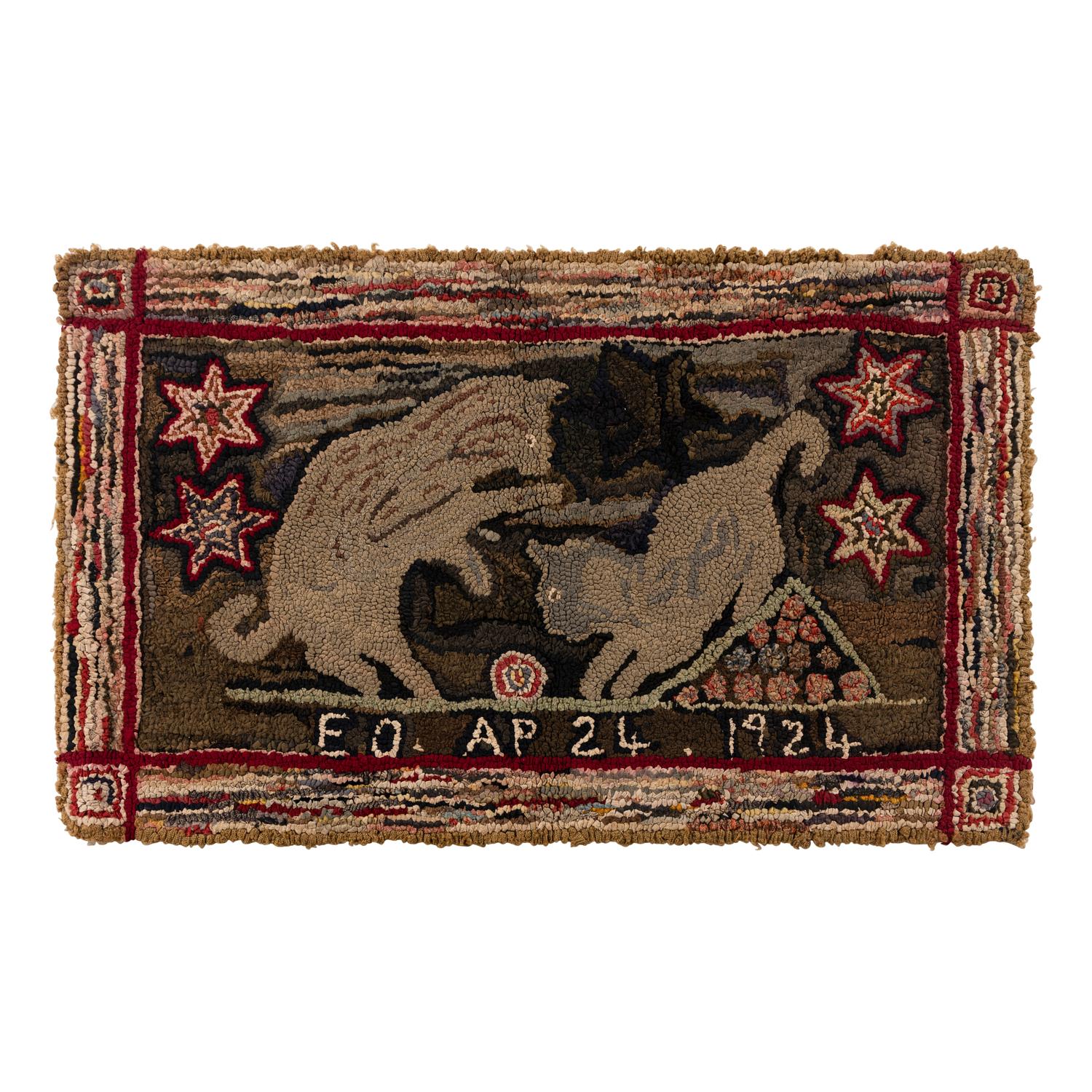 A Rare Signed and Dated Cotton and Wool Hooked Rug