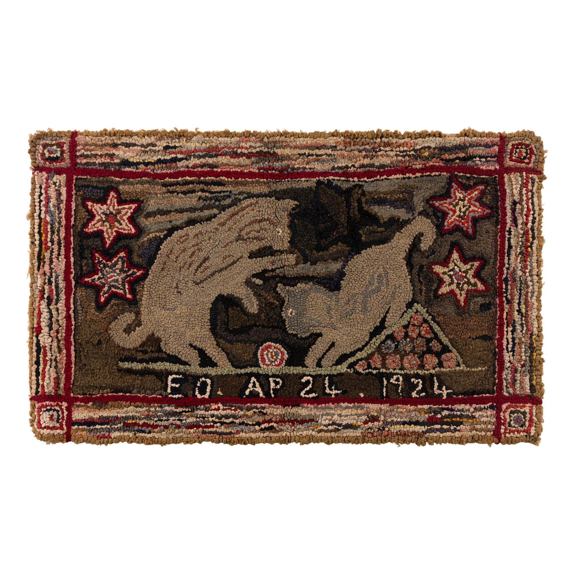 A Rare Signed and Dated Cotton and Wool Hooked Rug