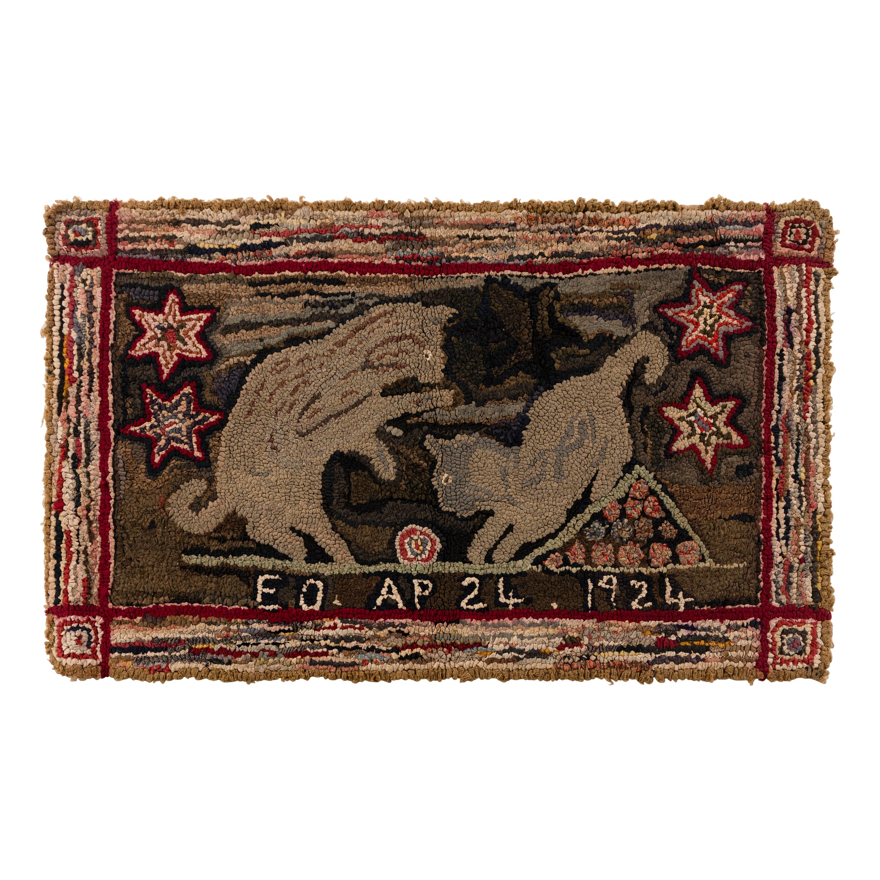 A Rare Signed and Dated Cotton and Wool Hooked Rug