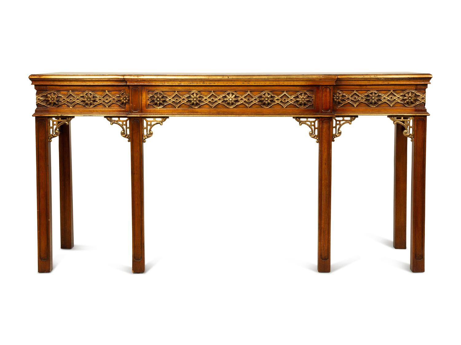 A Chinese Chippendale Style Parcel Gilt Walnut Console Table — 20TH CENTURY