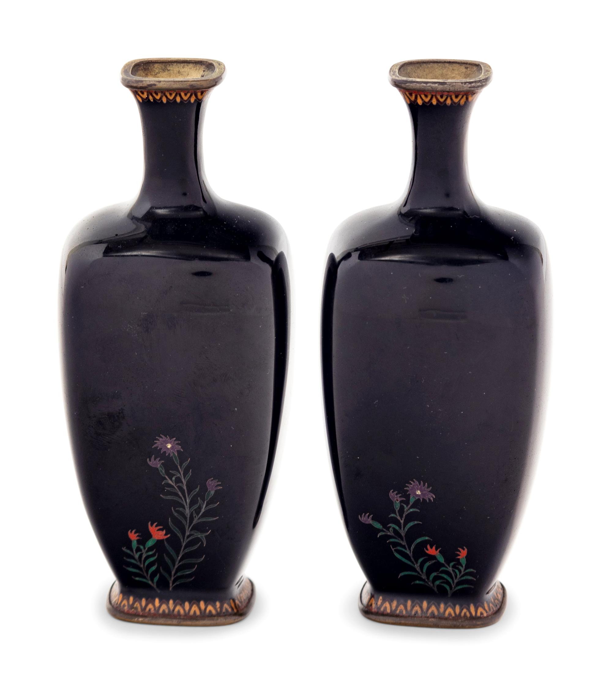 A Pair of Black Ground Cloisonné Vases