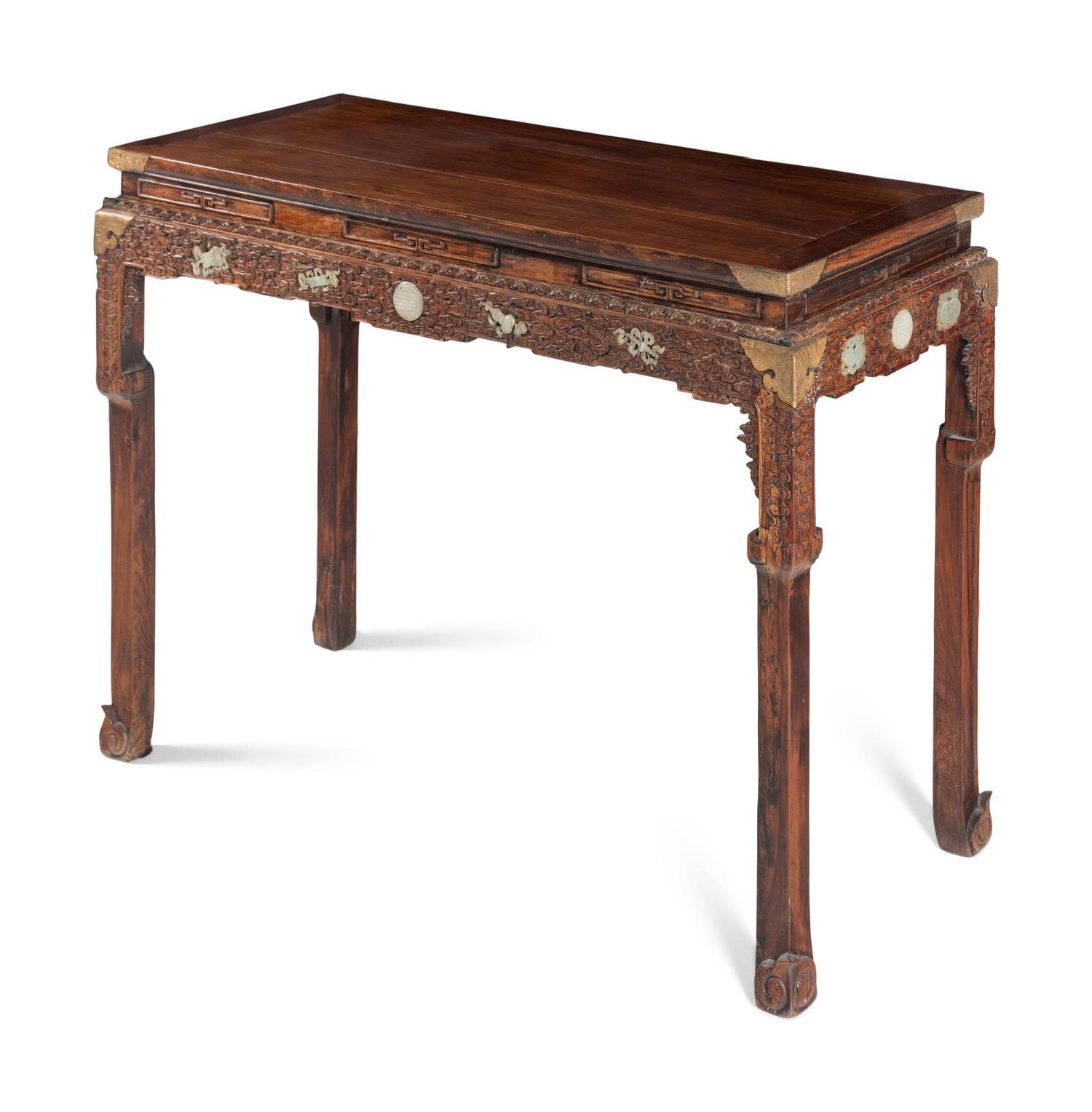 A Chinese Carved Hardwood and Celadon Nephrite Jade-Inset Console Table