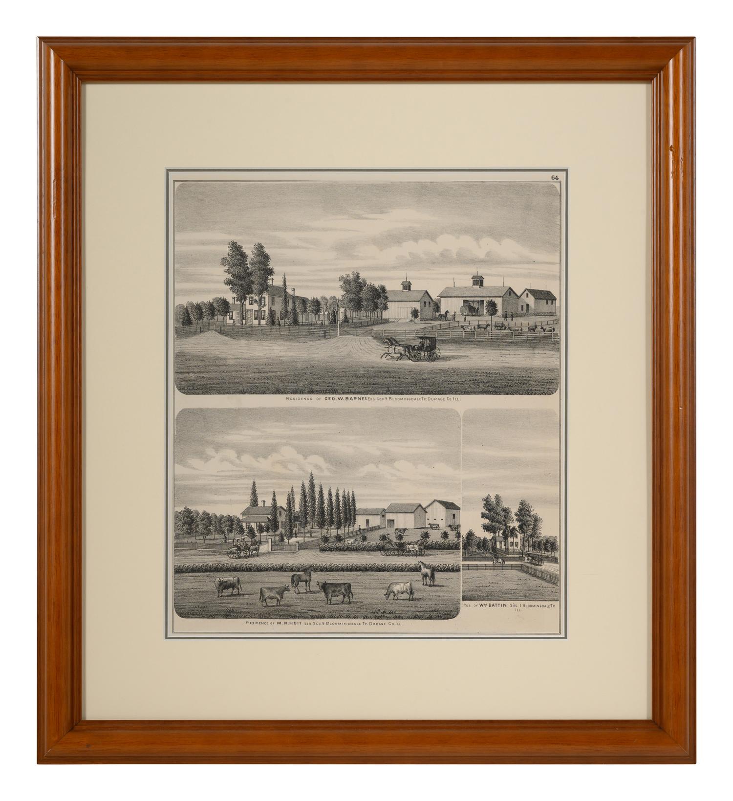 Printed City Views and Farm Scenes of Bloomingdale and Dupage County, Ill. N.p.: N.d. 23 x 21 In. Matted and framed.