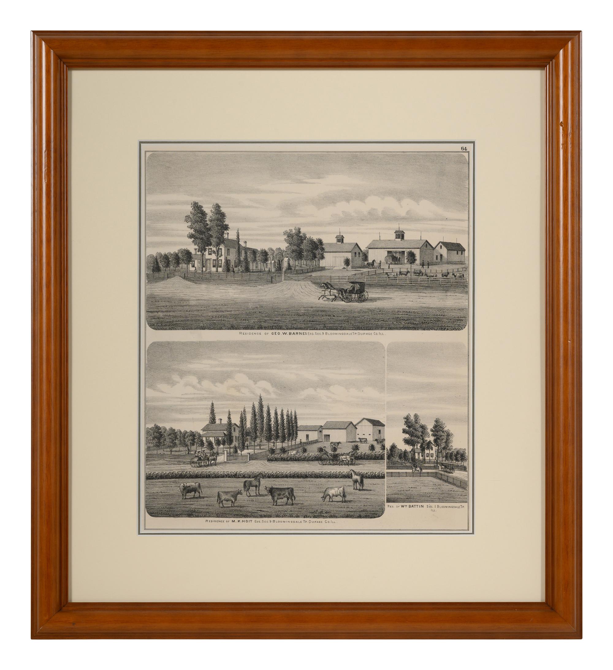 Printed City Views and Farm Scenes of Bloomingdale and Dupage County, Ill. N.p.: N.d. 23 x 21 In. Matted and framed.