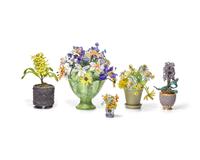A Collection of Twenty-One French Beaded and Glass Flower and Fruit Arrangements
