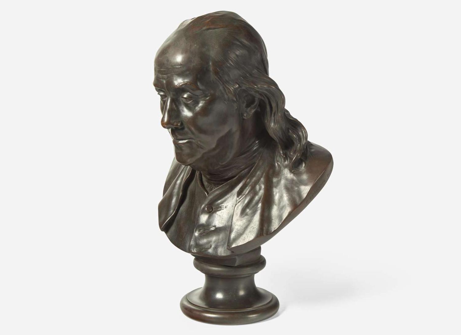 After Jean-Antoine Houdon (French, 1741-1828), Patinated bronze bust of Benjamin Franklin (1706-1790), cast by Ferdinand Barbedienne Fondeur (French, 1810-1892), Paris, France