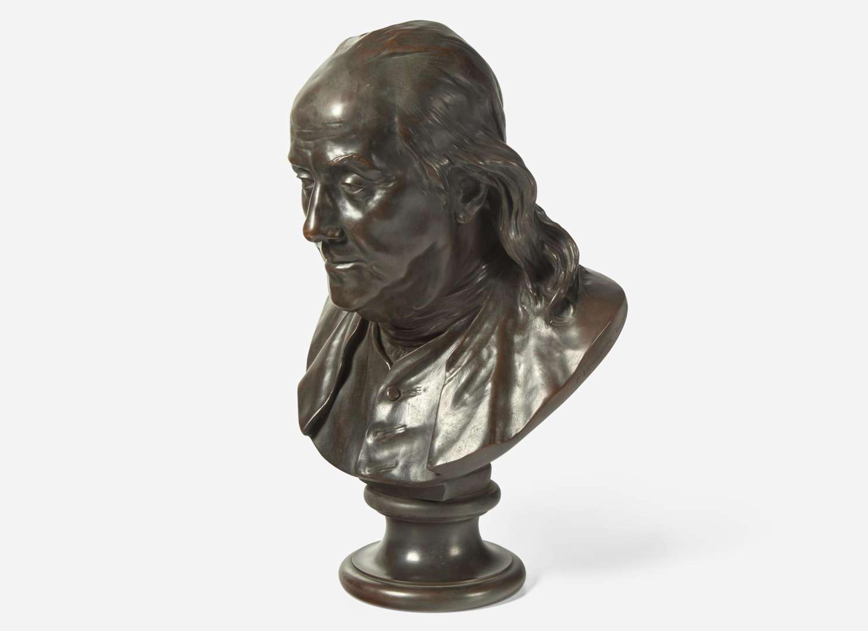 After Jean-Antoine Houdon (French, 1741-1828), Patinated bronze bust of Benjamin Franklin (1706-1790), cast by Ferdinand Barbedienne Fondeur (French, 1810-1892), Paris, France