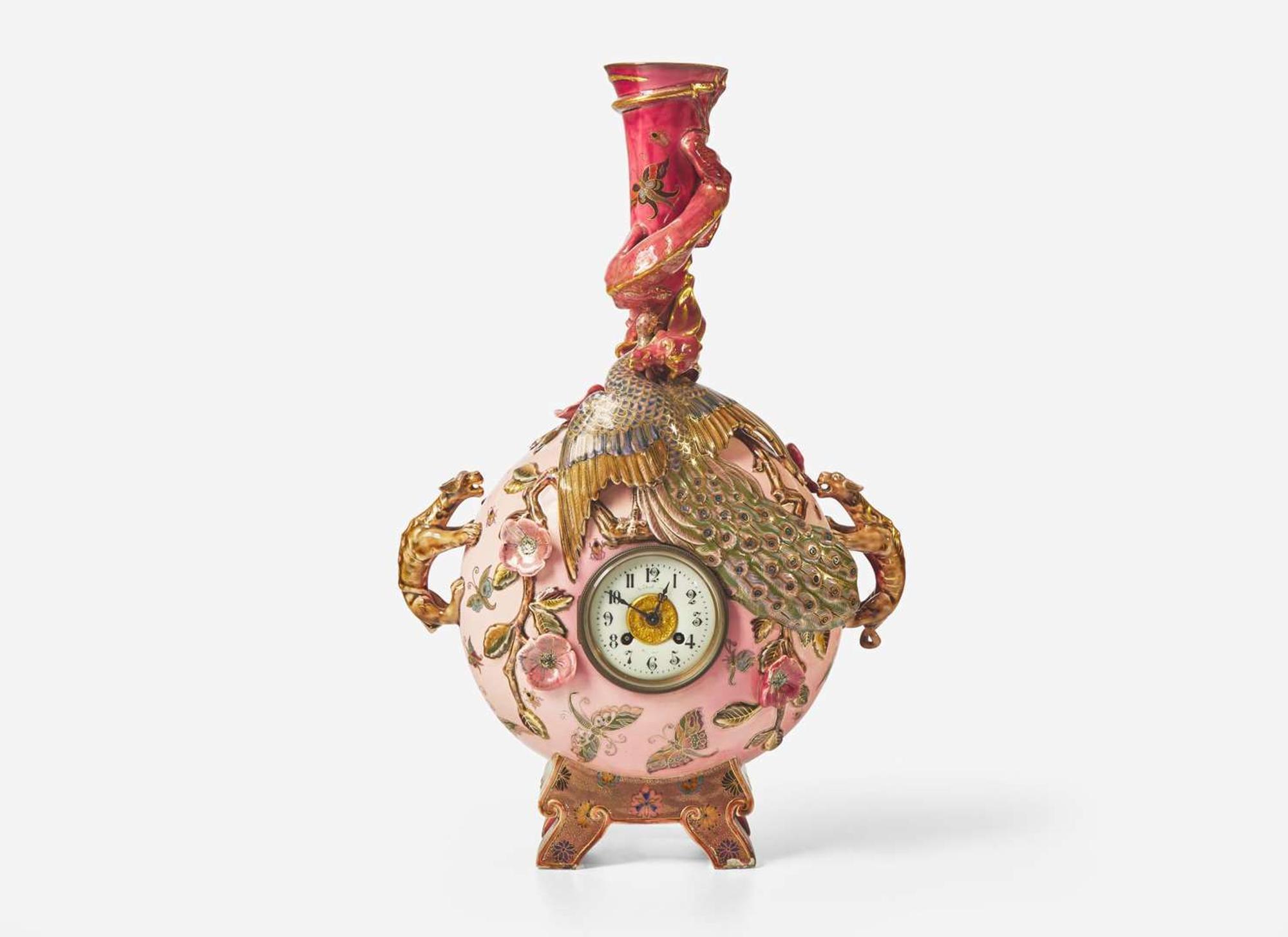 An Aesthetic Movement Zsolnay lustreware clock vase, Pecs, Hungary, with works by Japy Frères & Cie, Paris, retailed by J.E. Caldwell & Co., Philadelphia, PA, 1878-1879