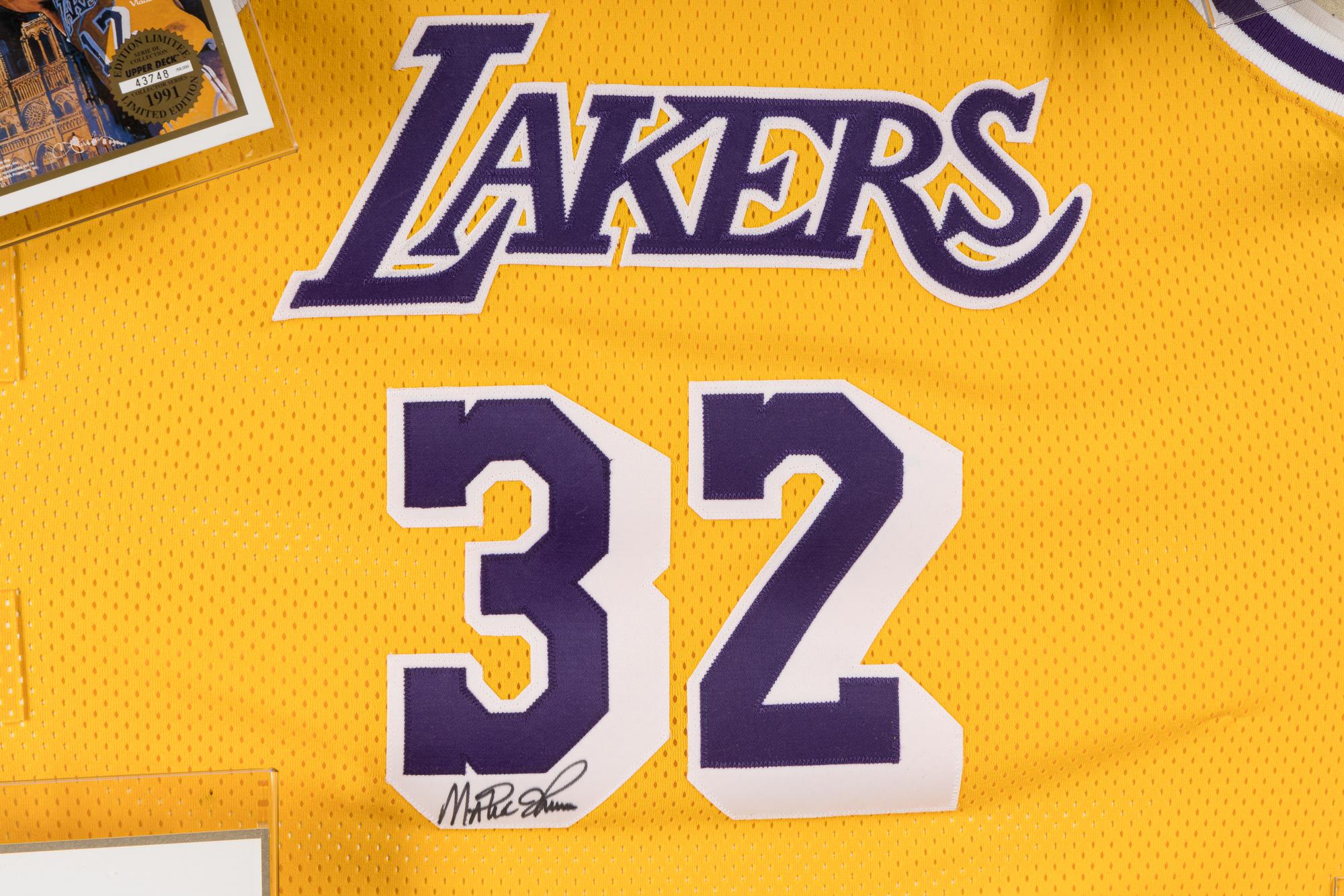 An Upper Deck Authenticated Magic Johnson Multi Signed Autograph Los Angeles Lakers Shadowbox Display,