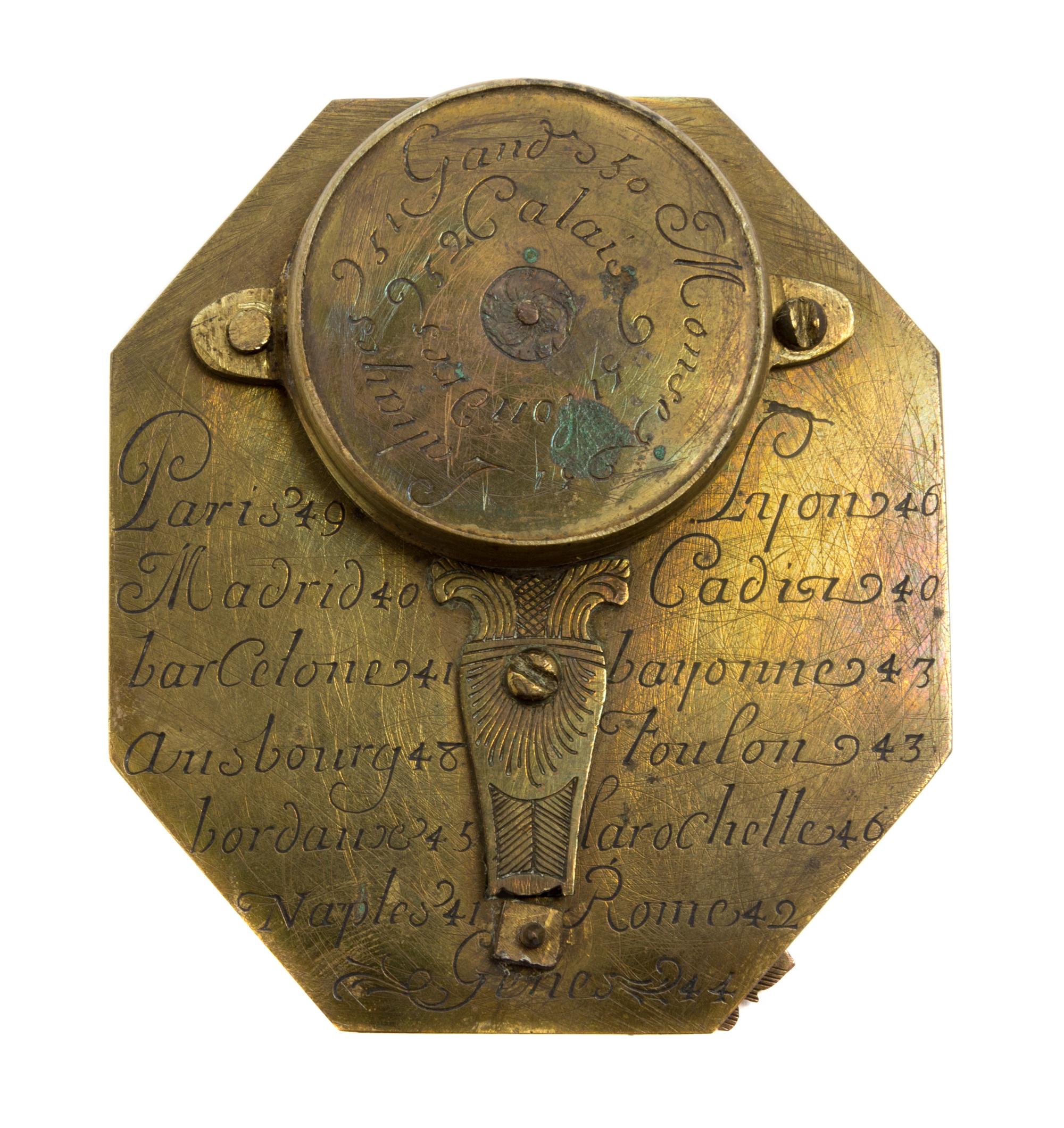 A French Brass Sundial with Compass Width of sundial 2 3/4 inches. — NICHOLAS BION, PARIS, 18TH CENTURY
