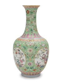 A Chinese Apple Green Ground Famille Rose Porcelain Vase