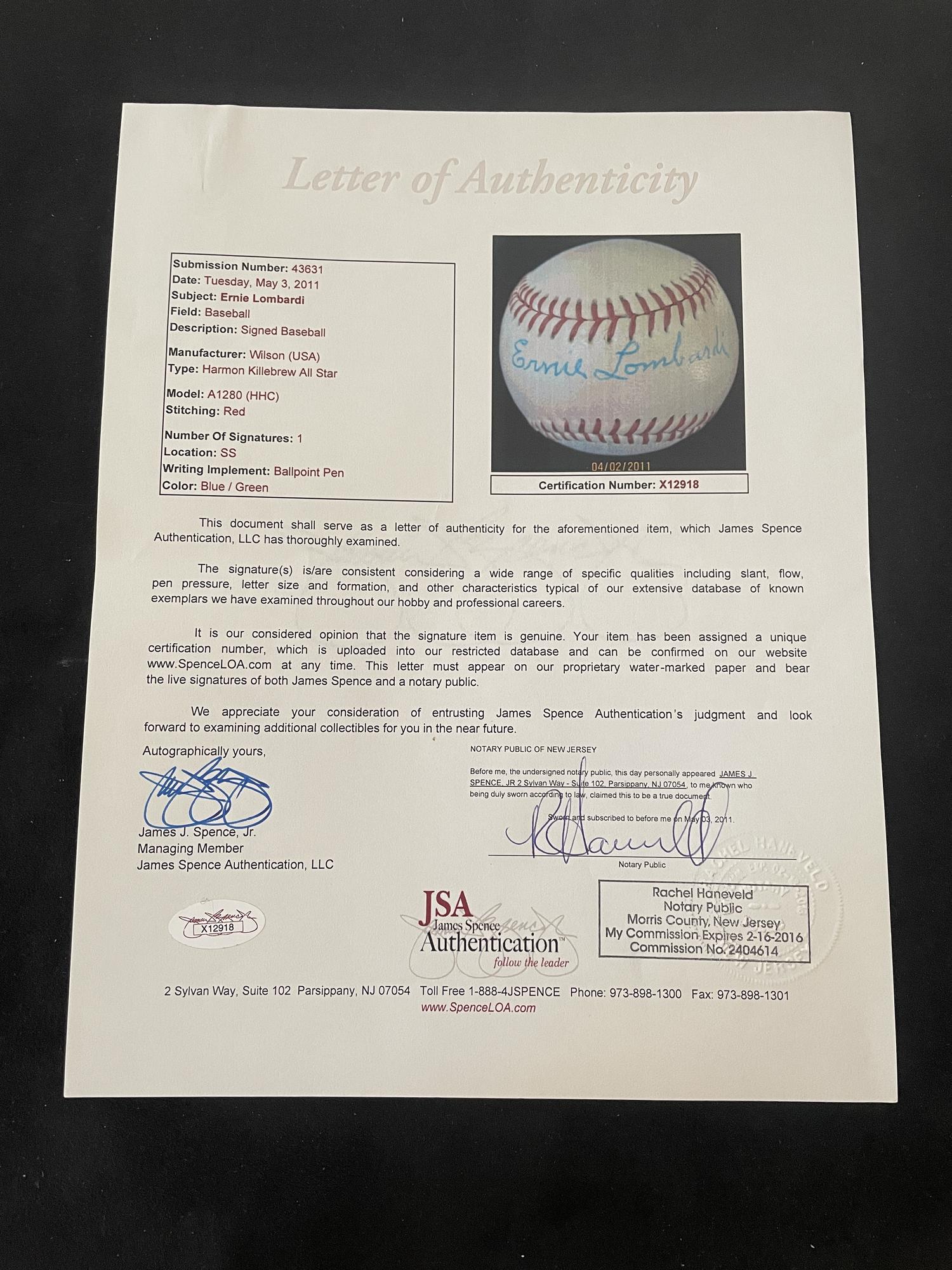 An Ernie Lombardi Single Signed Autograph Baseball (JSA Letter)