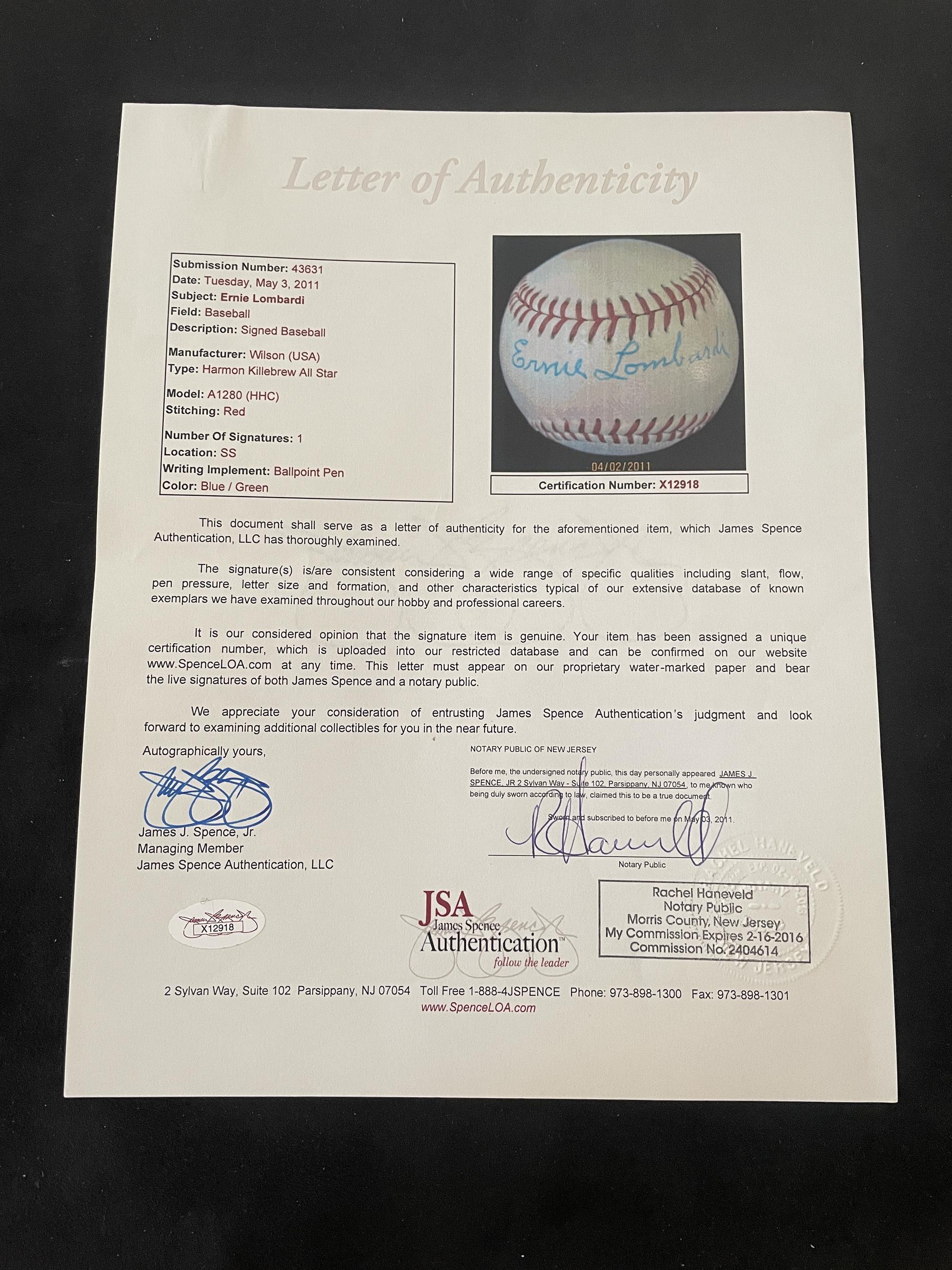 An Ernie Lombardi Single Signed Autograph Baseball (JSA Letter)