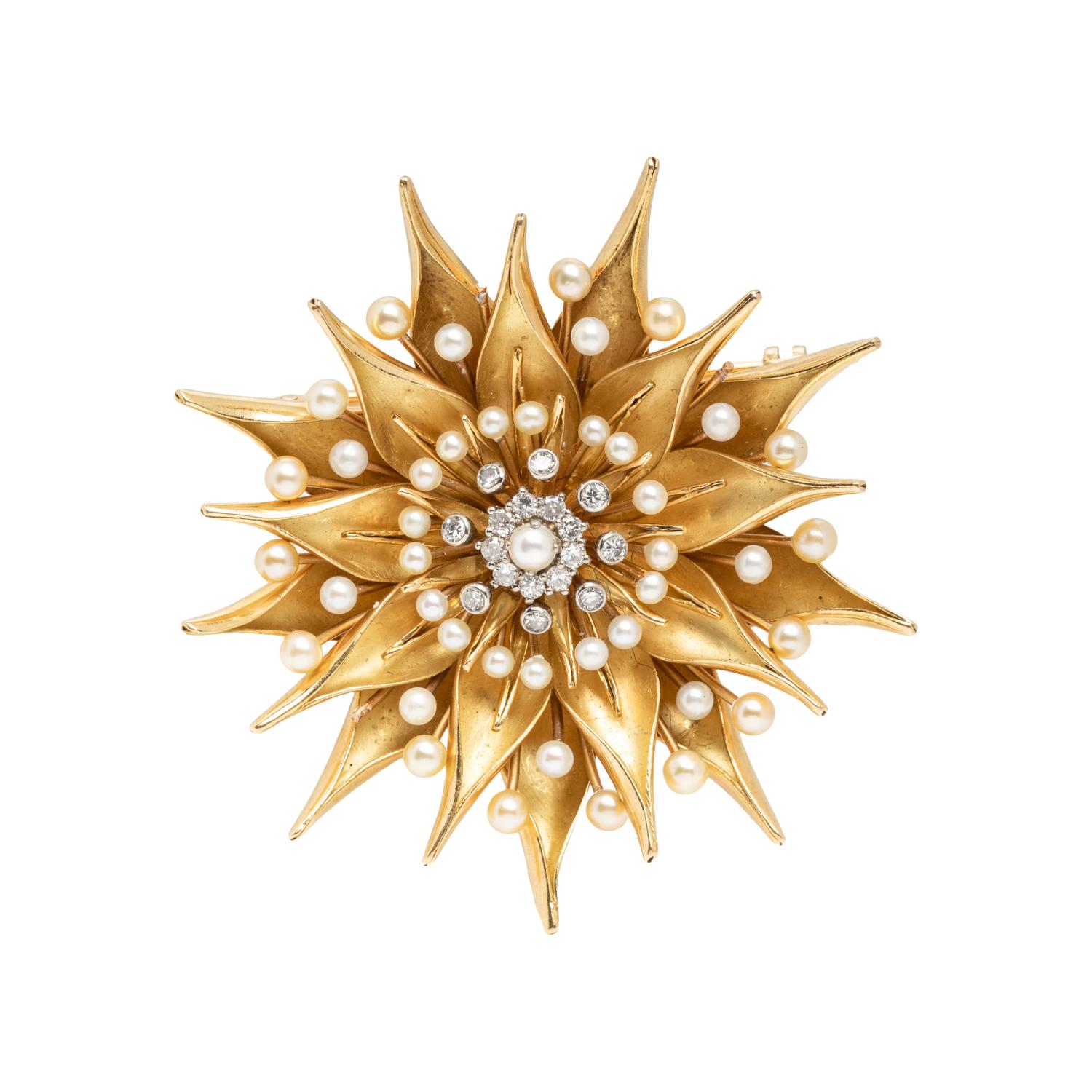 SEED PEARL, DIAMOND, AND YELLOW GOLD BROOCH