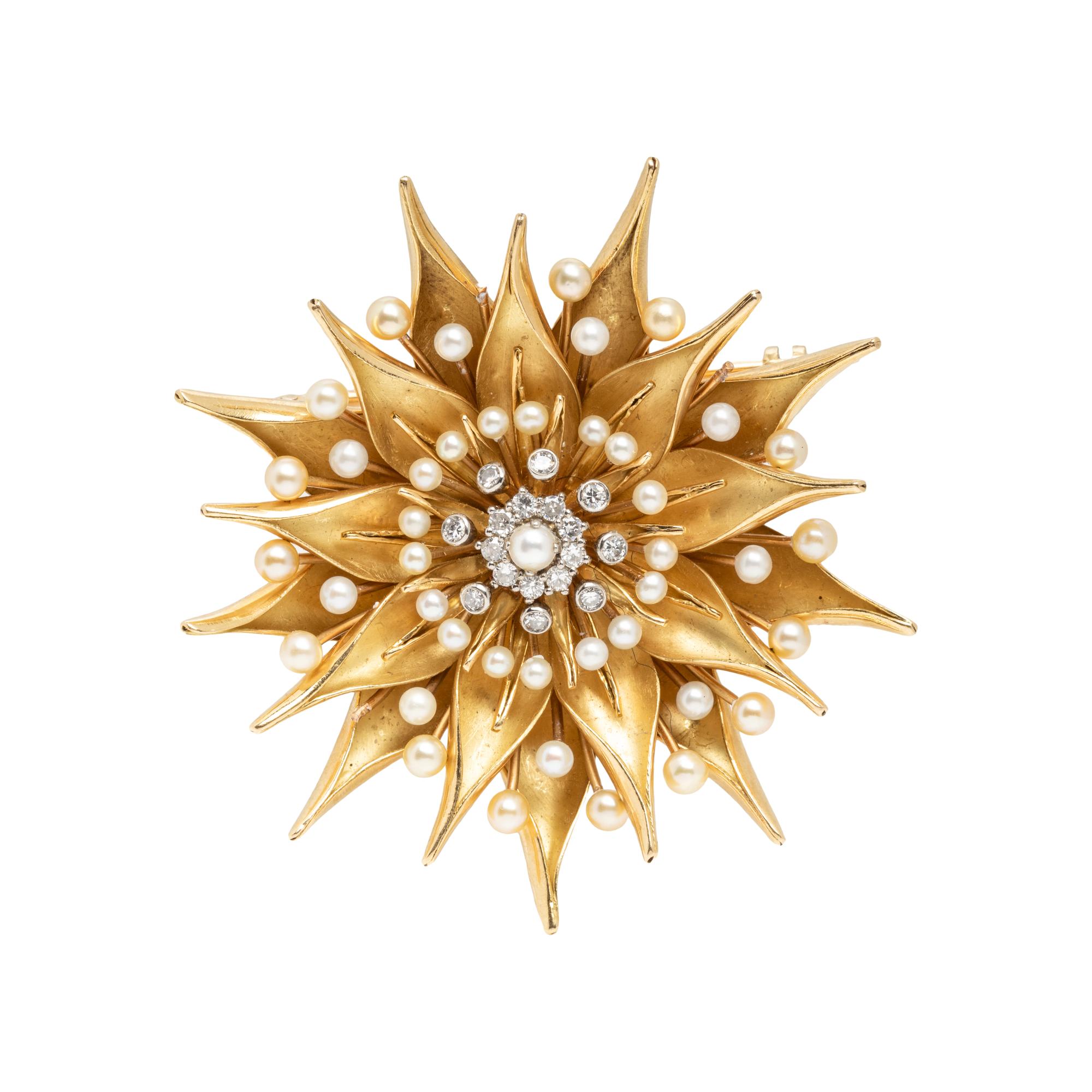 SEED PEARL, DIAMOND, AND YELLOW GOLD BROOCH