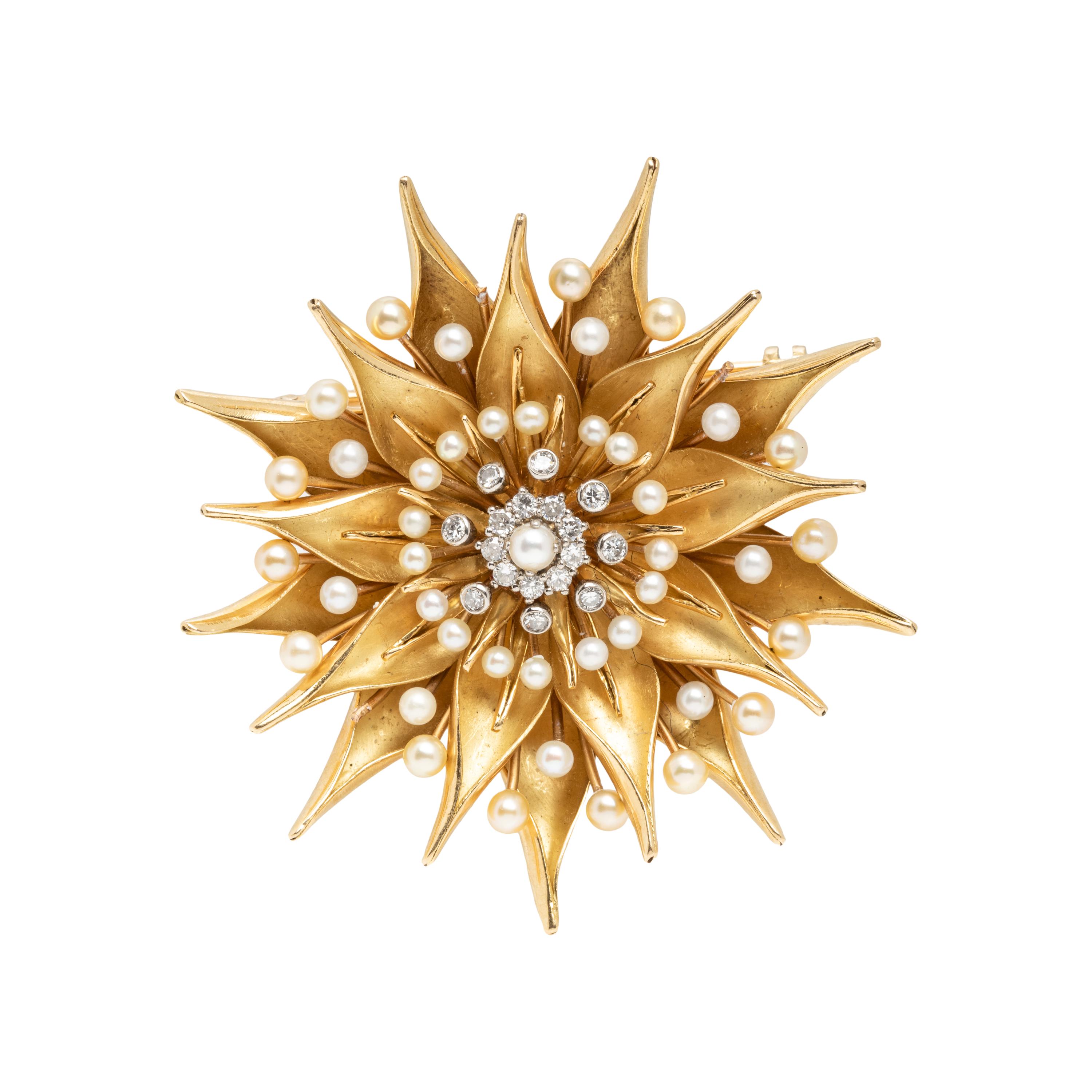 SEED PEARL, DIAMOND, AND YELLOW GOLD BROOCH