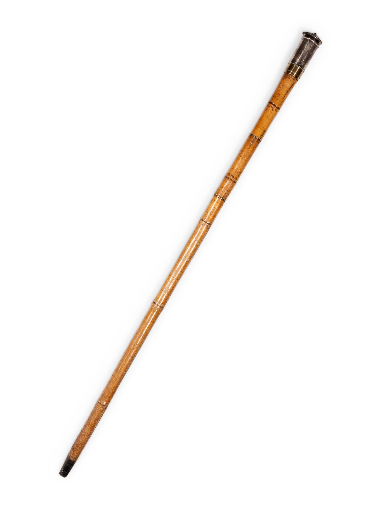 An Edwardian Silver Mounted and Pyrographic Decorated Officer's Campaign Mess-Kit 'System' Walking Stick