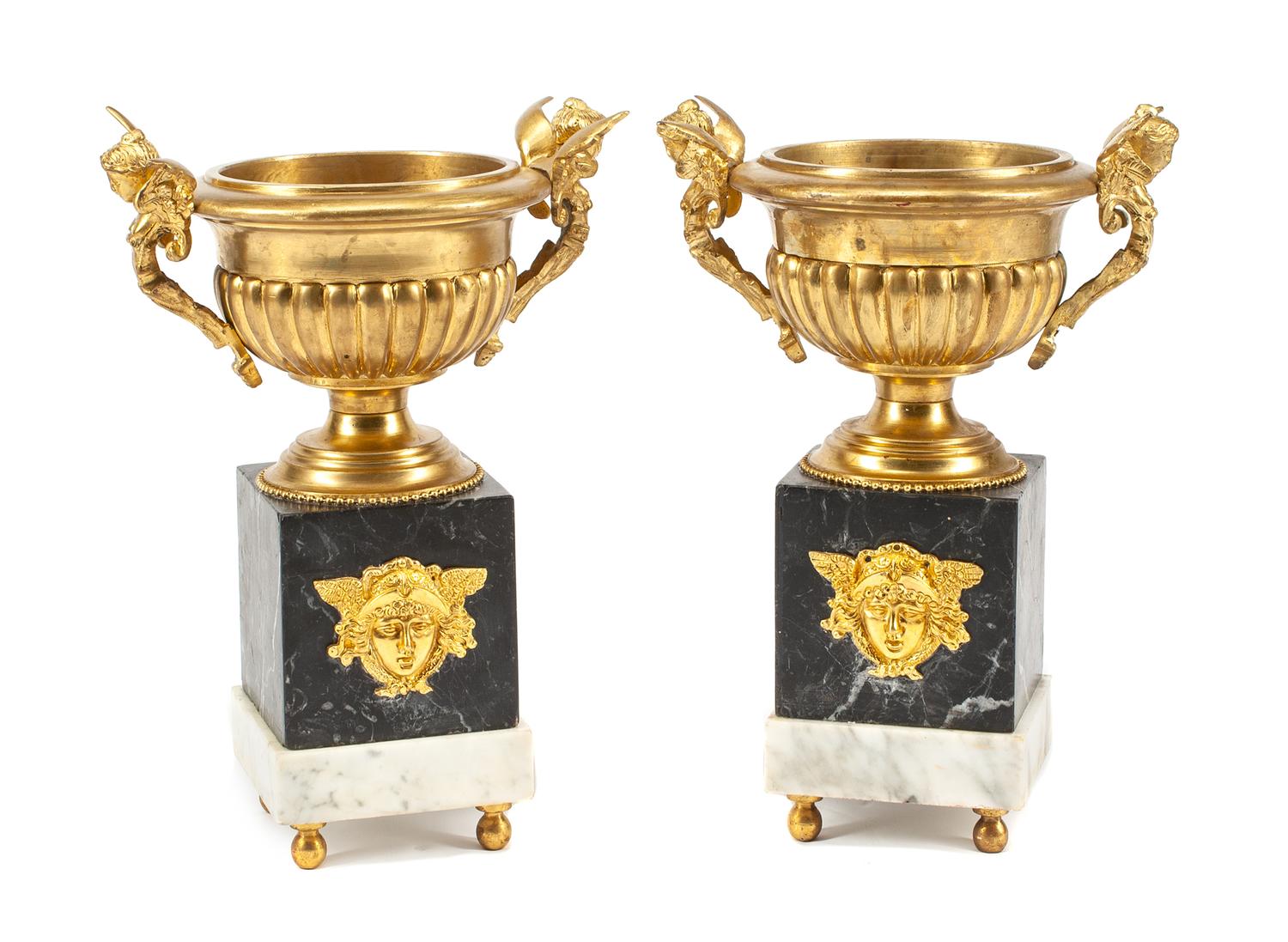 A Pair of Empire Style Gilt Bronze and Marble Urns Height 16 1/2 inches.