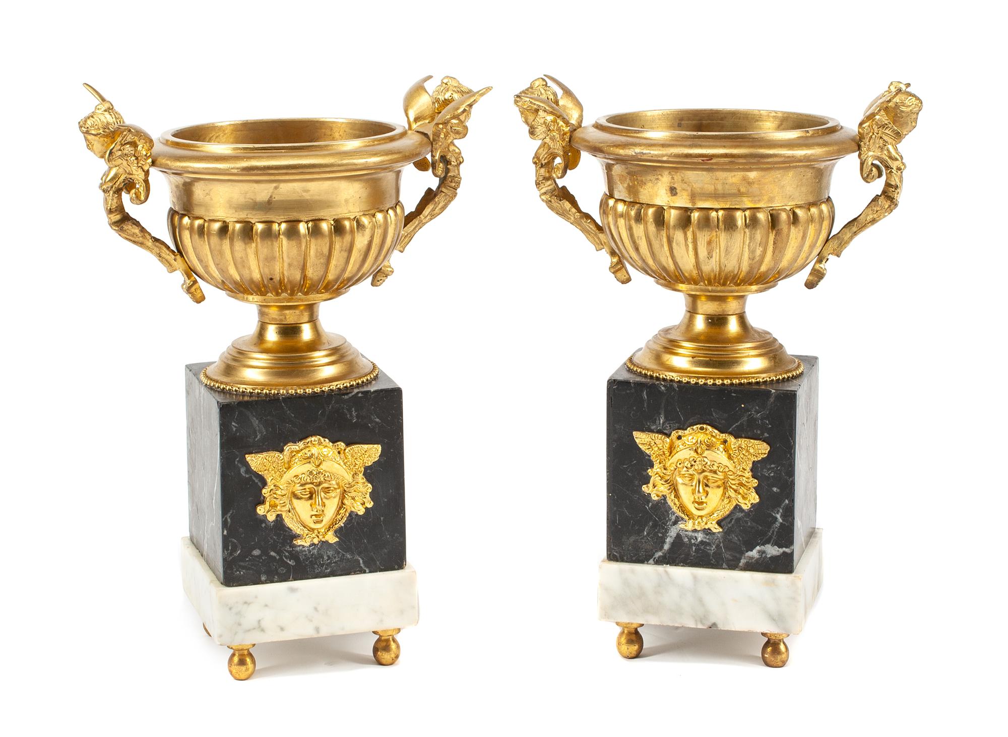 A Pair of Empire Style Gilt Bronze and Marble Urns Height 16 1/2 inches.
