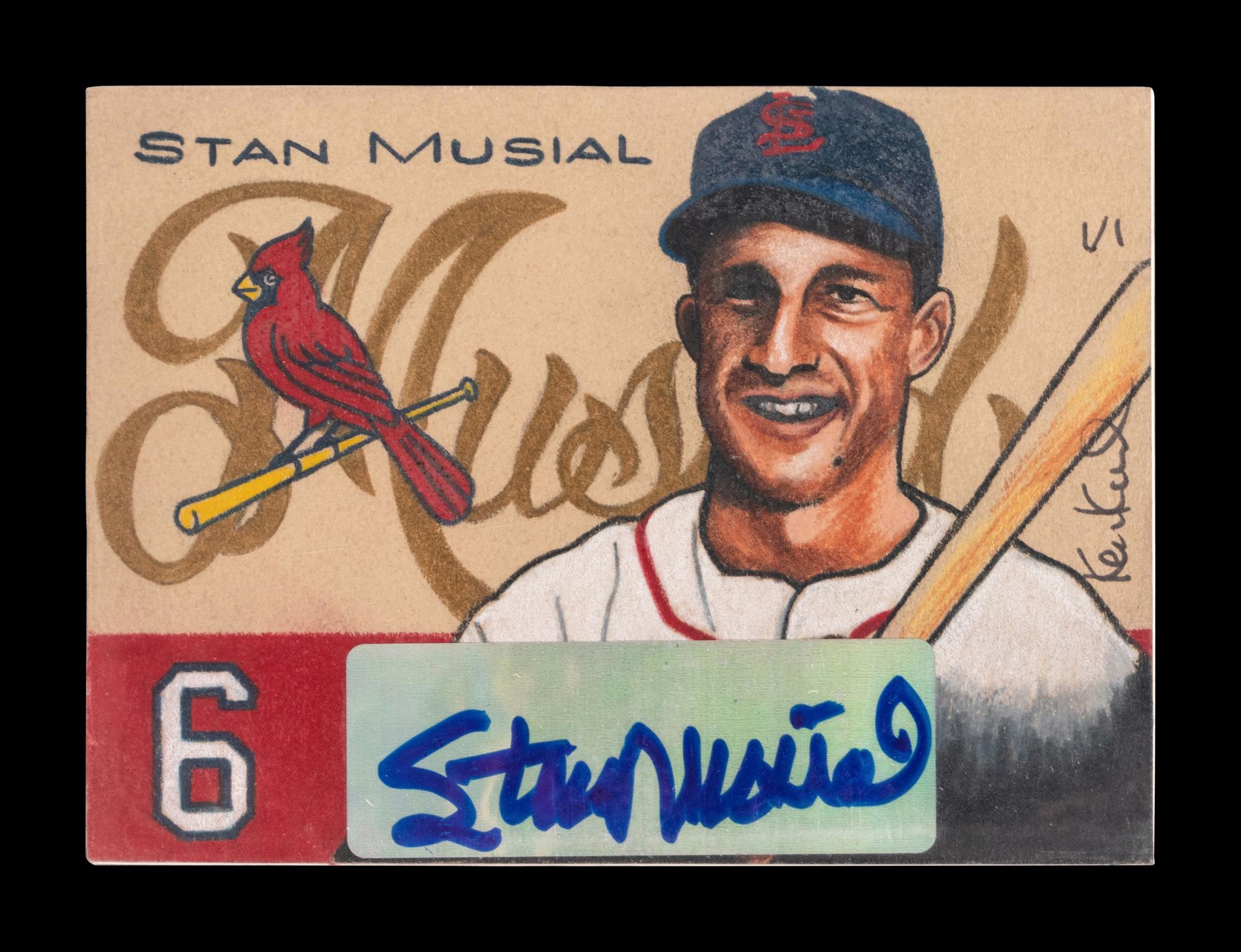 A Group of Four Ken Karl Original Hand Drawn Stan Musial Sketch Baseball Cards with Musial Signed Autograph Stickers