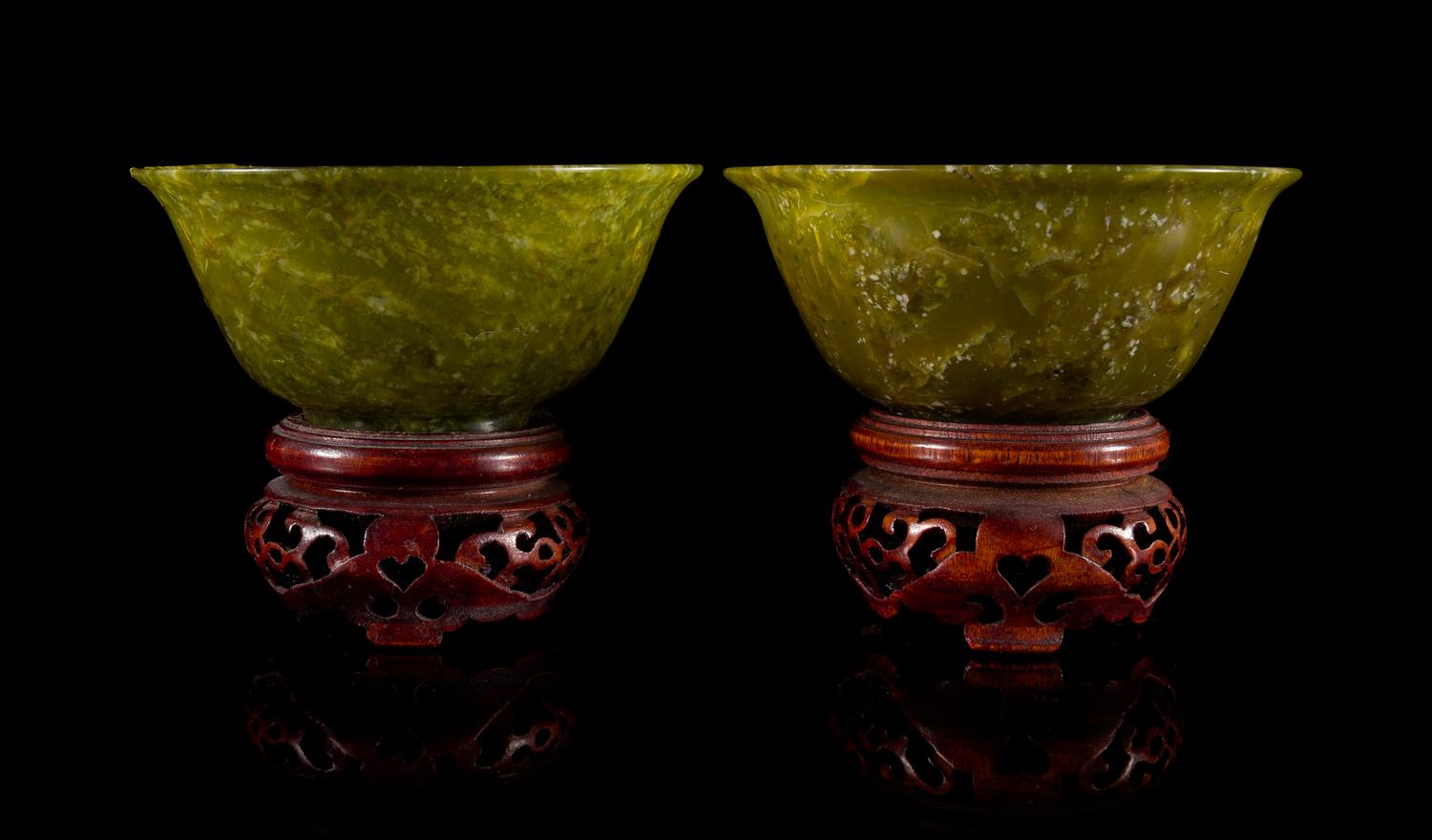 A Pair of Jade Bowls with Stands. Diameter 4 1/8 inches.