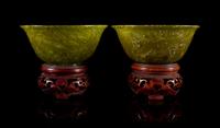A Pair of Jade Bowls with Stands. Diameter 4 1/8 inches.