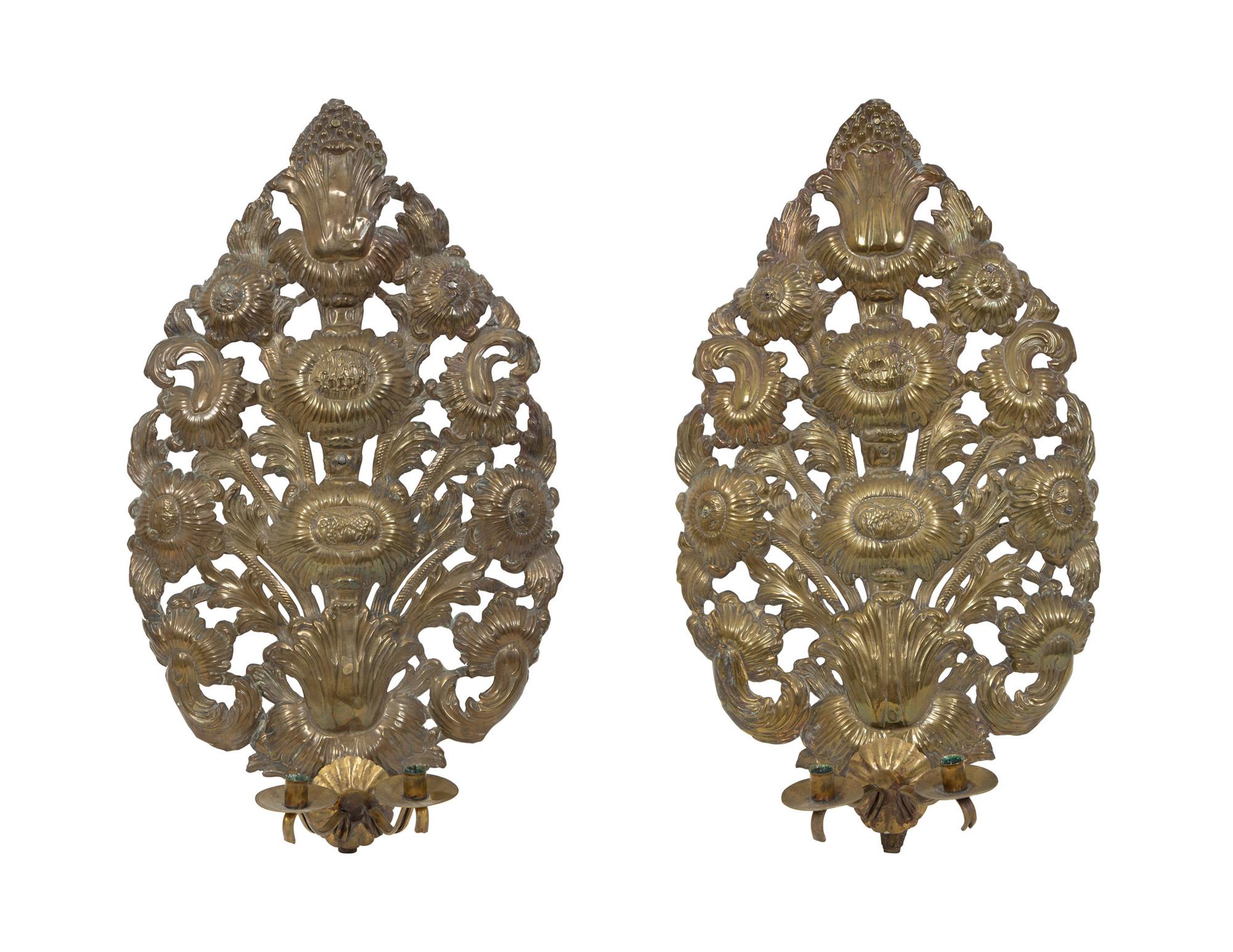 A Pair of Dutch Chased Brass Two-Light Sconces