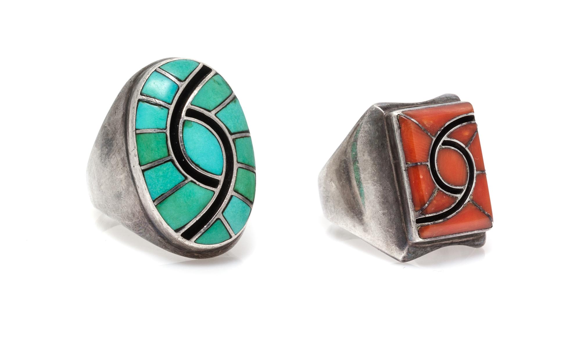 A Collection of Silver, Turquoise and Coral Hummingbird Motif Rings, Dickie Quandelacy, Zuni, 30.50 dwts.