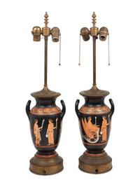 A Pair of Graeco-Roman Style Pottery Urns Mounted as Lamps