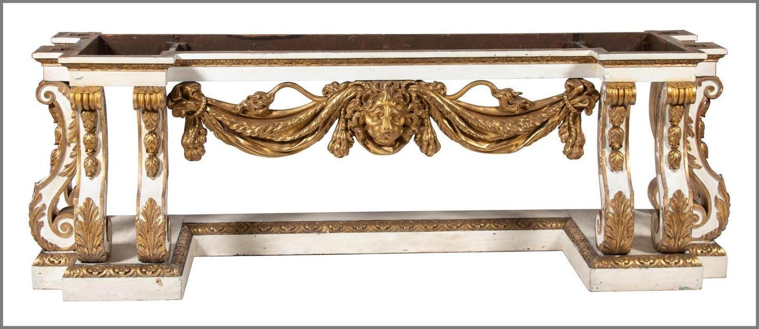 An English Carved, Painted and Giltwood Marble Top Console Table — IN THE STYLE OF WILLIAM KENT, 19TH CENTURY