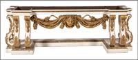 An English Carved, Painted and Giltwood Marble Top Console Table — IN THE STYLE OF WILLIAM KENT, 19TH CENTURY