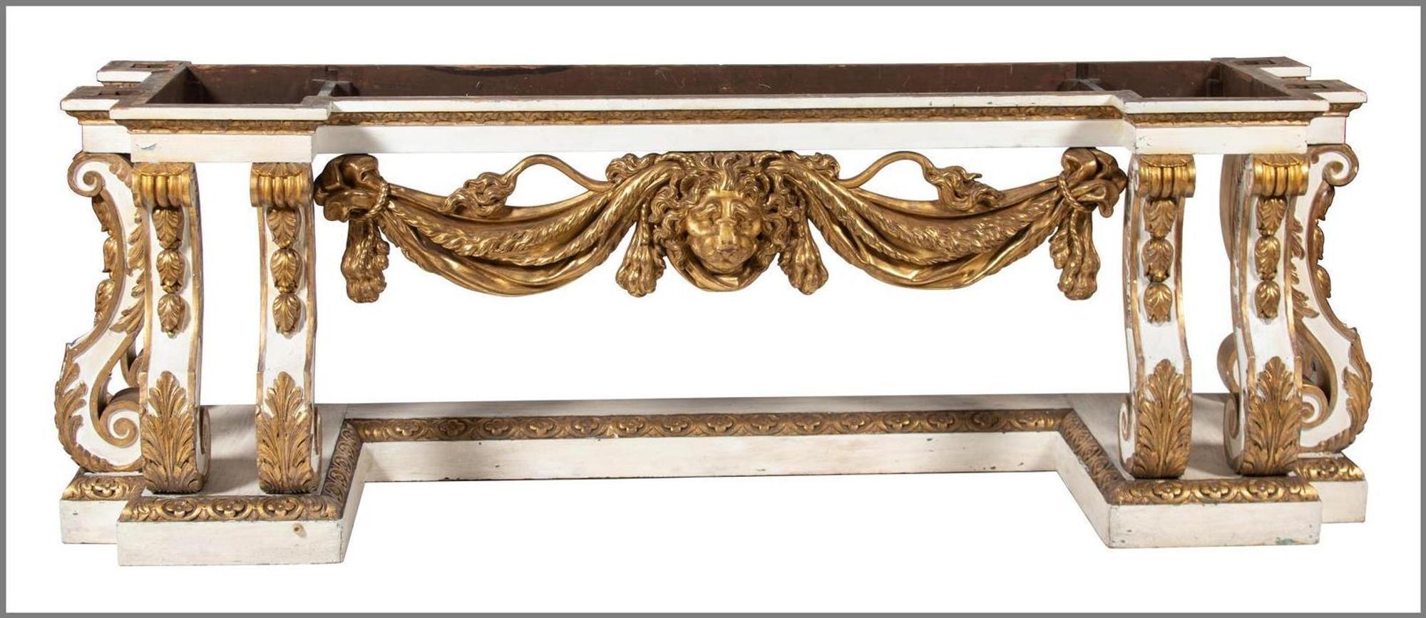 An English Carved, Painted and Giltwood Marble Top Console Table — IN THE STYLE OF WILLIAM KENT, 19TH CENTURY