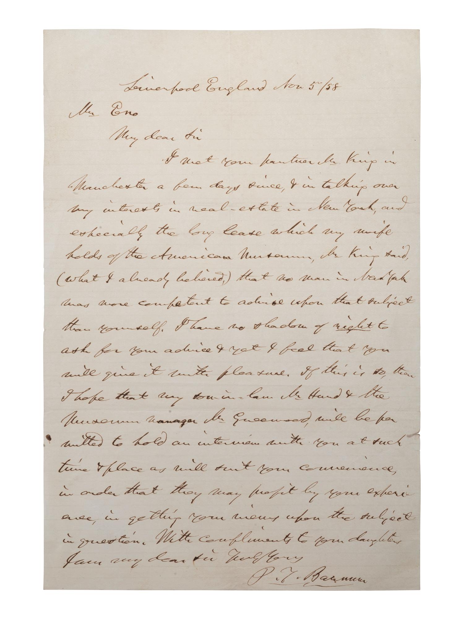 BARNUM, Phineas Taylor (1810-1891). Autograph letter signed ("P.T. Barnum"). Liverpool England, 5 November 1858.