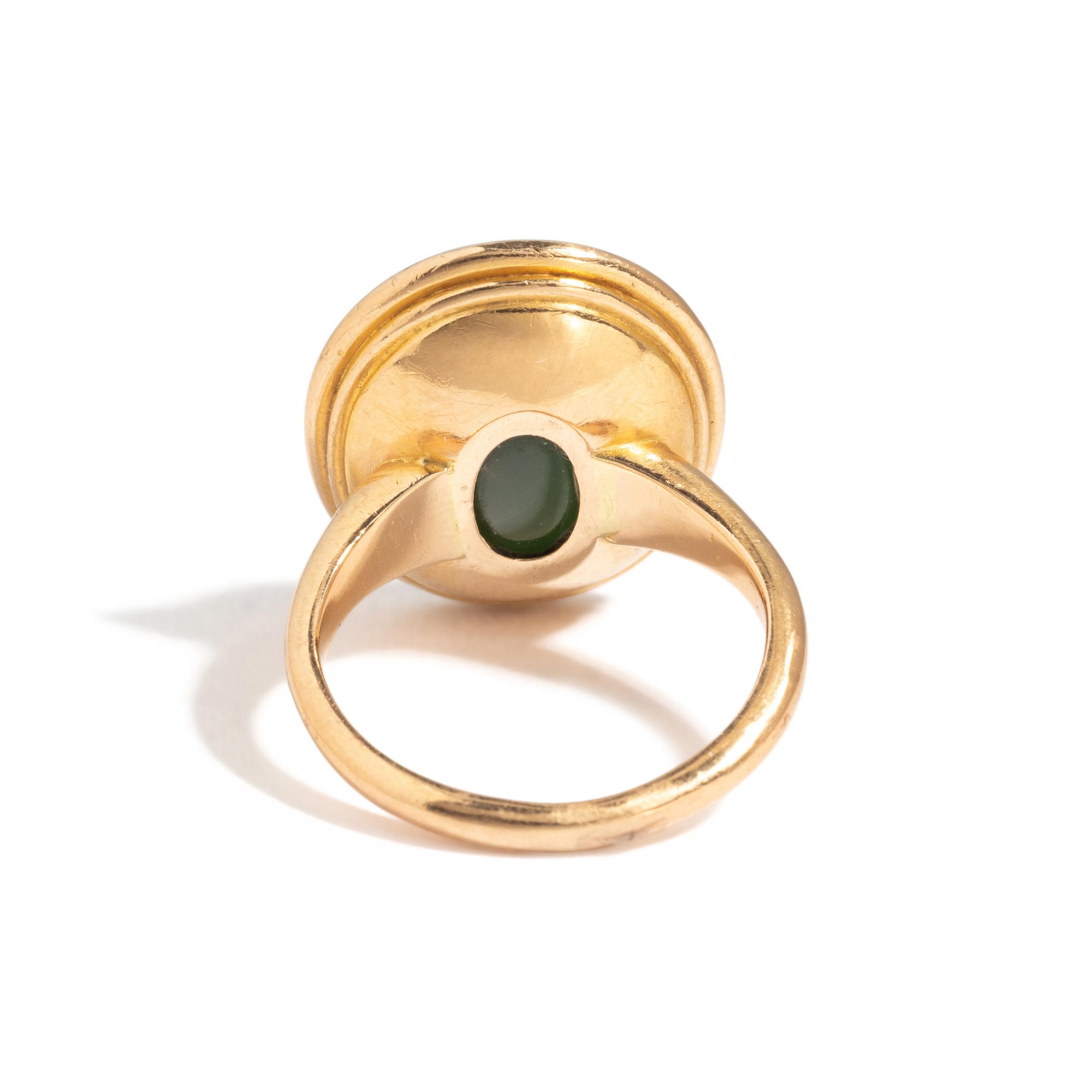 A Roman Plasma Ring Stone with the Goddess Diana and Her Hound Hunting — Set in a gold ring