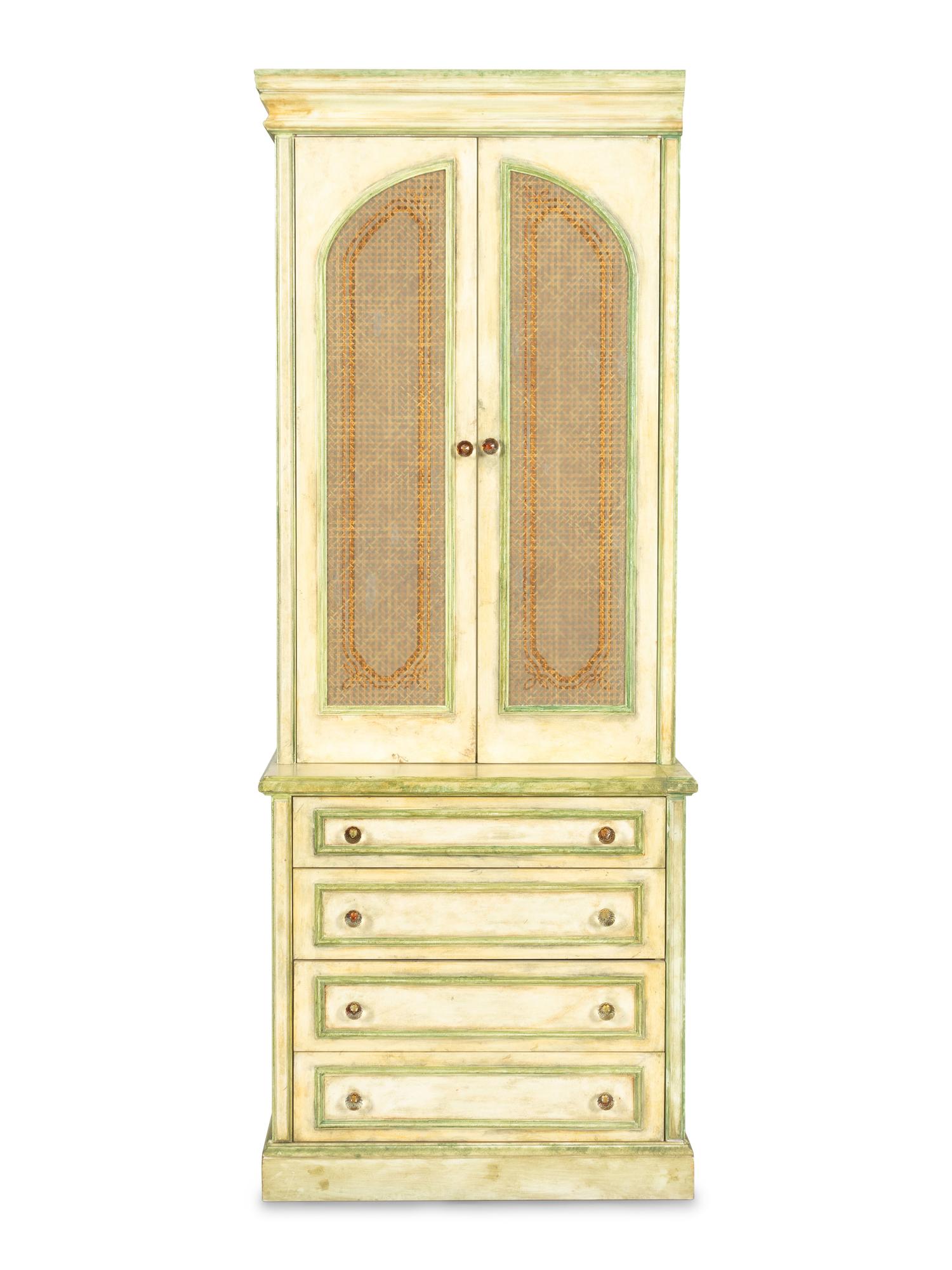 A Pair of Cream and Green-Painted Bookcase Cabinets