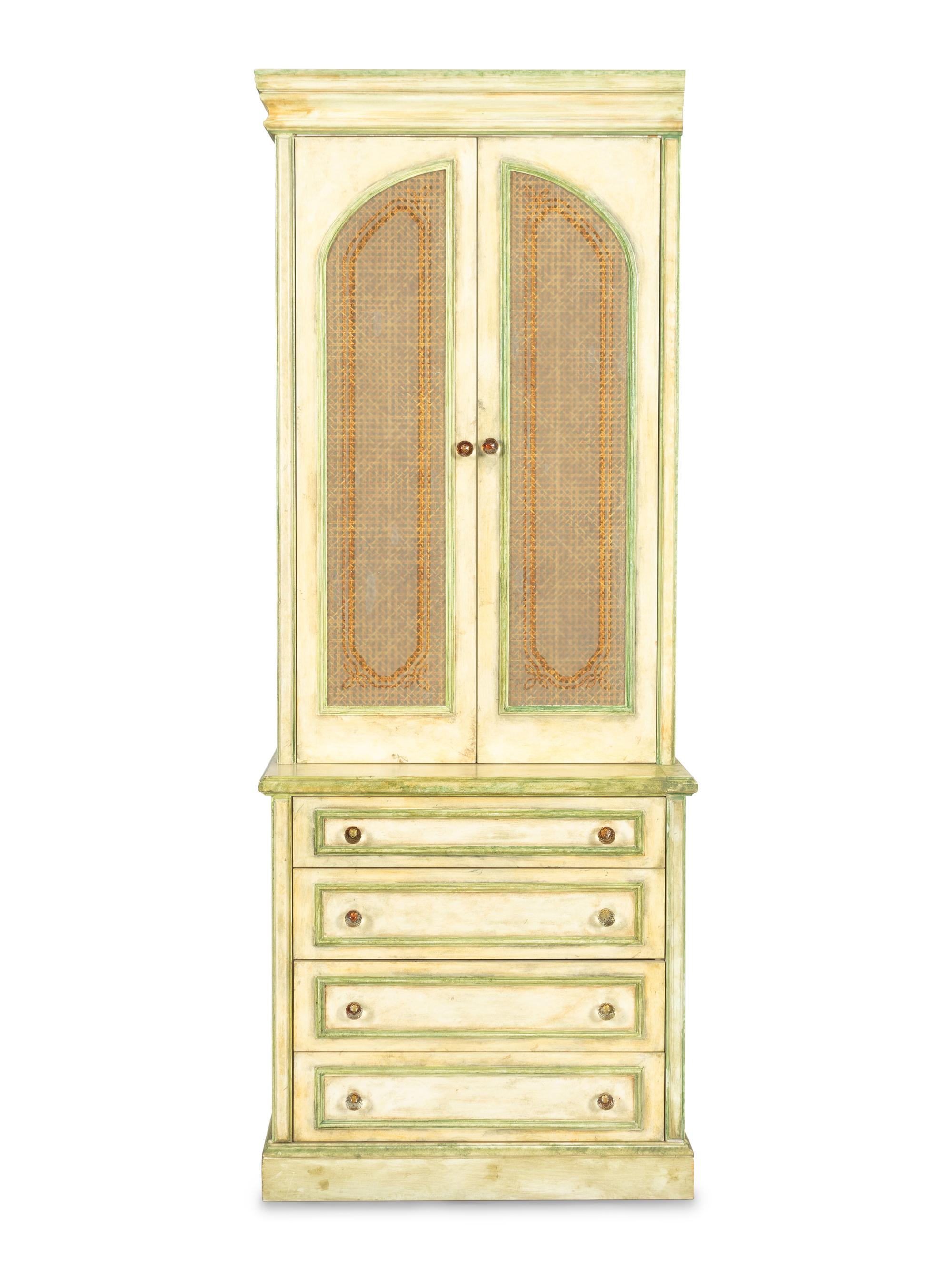 A Pair of Cream and Green-Painted Bookcase Cabinets