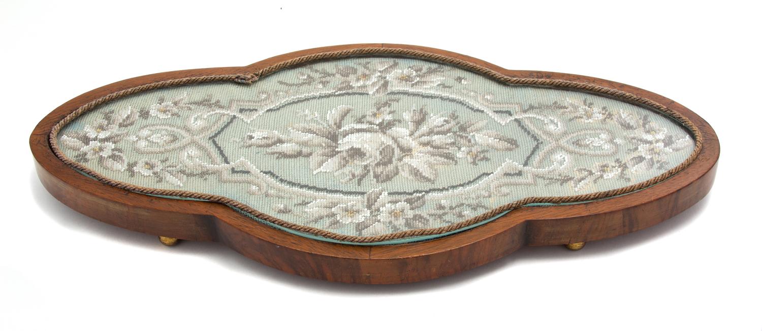 A Victorian Beadwork Embroidered Inset Cartouche-form Tray Length 21 x width 11 inches. — 19TH CENTURY