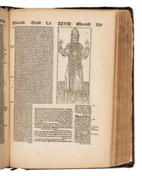 [BIBLE, in Latin]. Textus Biblie cum Glosa ordinaria, Nicolai de Lyra postilla, Moralitatibus eiusdem, Pauli Burgensis Additionibus, Matthie Thoring Replicis, edente P. Conrado Leontorio Mulbronnen . Basel: Jo. Froben and Adam Petri, 1506.