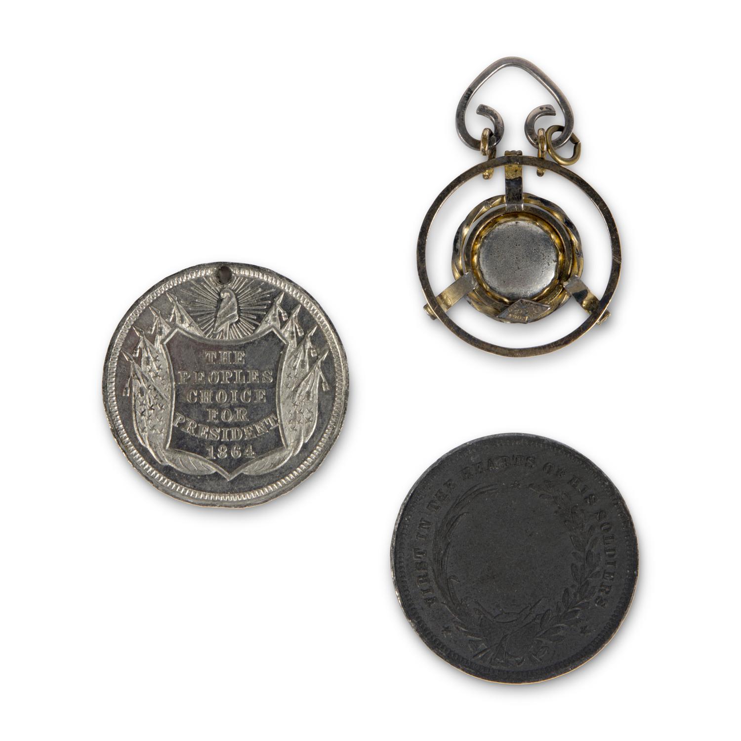 [Politics]. George McClellan presidential campaign ferrotype with accompanying tokens.
