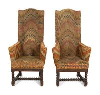 A Pair of Jacobean Style High Back Armchairs